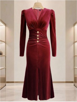 Burgundy/Deeper Red (Maroon) Button-Front Slit & Pleated Waist Dress - Elegant Winter Wedding Guest Gown, Party Evening Dress for Fall/Winter, Hand Washable Solid Color Formal Attire