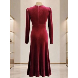 Burgundy/Deeper Red (Maroon) Button-Front Slit & Pleated Waist Dress - Elegant Winter Wedding Guest Gown, Party Evening Dress for Fall/Winter, Hand Washable Solid Color Formal Attire