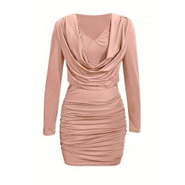 Spring, Summer And Autumn Women's Sexy Dress, V-neck, Solid Color, Tight, Hip-hugging, Ruffled Design, Short Style, Sexy Hip-hugging One-piece Mini Dress