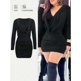 Spring, Summer And Autumn Women's Sexy Dress, V-neck, Solid Color, Tight, Hip-hugging, Ruffled Design, Short Style, Sexy Hip-hugging One-piece Mini Dress