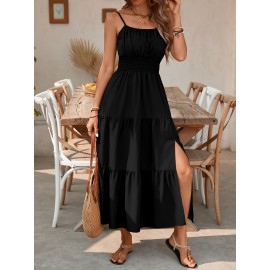 Elegant Mint Green Ruched Spaghetti Strap Maxi Dress for Women - Sleeveless, Cinched Waist, Flowy Vacation Style, Perfect for Spring/Summer, Spaghetti Suspender Dress