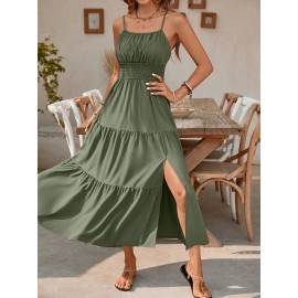 Elegant Mint Green Ruched Spaghetti Strap Maxi Dress for Women - Sleeveless, Cinched Waist, Flowy Vacation Style, Perfect for Spring/Summer, Spaghetti Suspender Dress