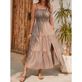 Elegant Mint Green Ruched Spaghetti Strap Maxi Dress for Women - Sleeveless, Cinched Waist, Flowy Vacation Style, Perfect for Spring/Summer, Spaghetti Suspender Dress