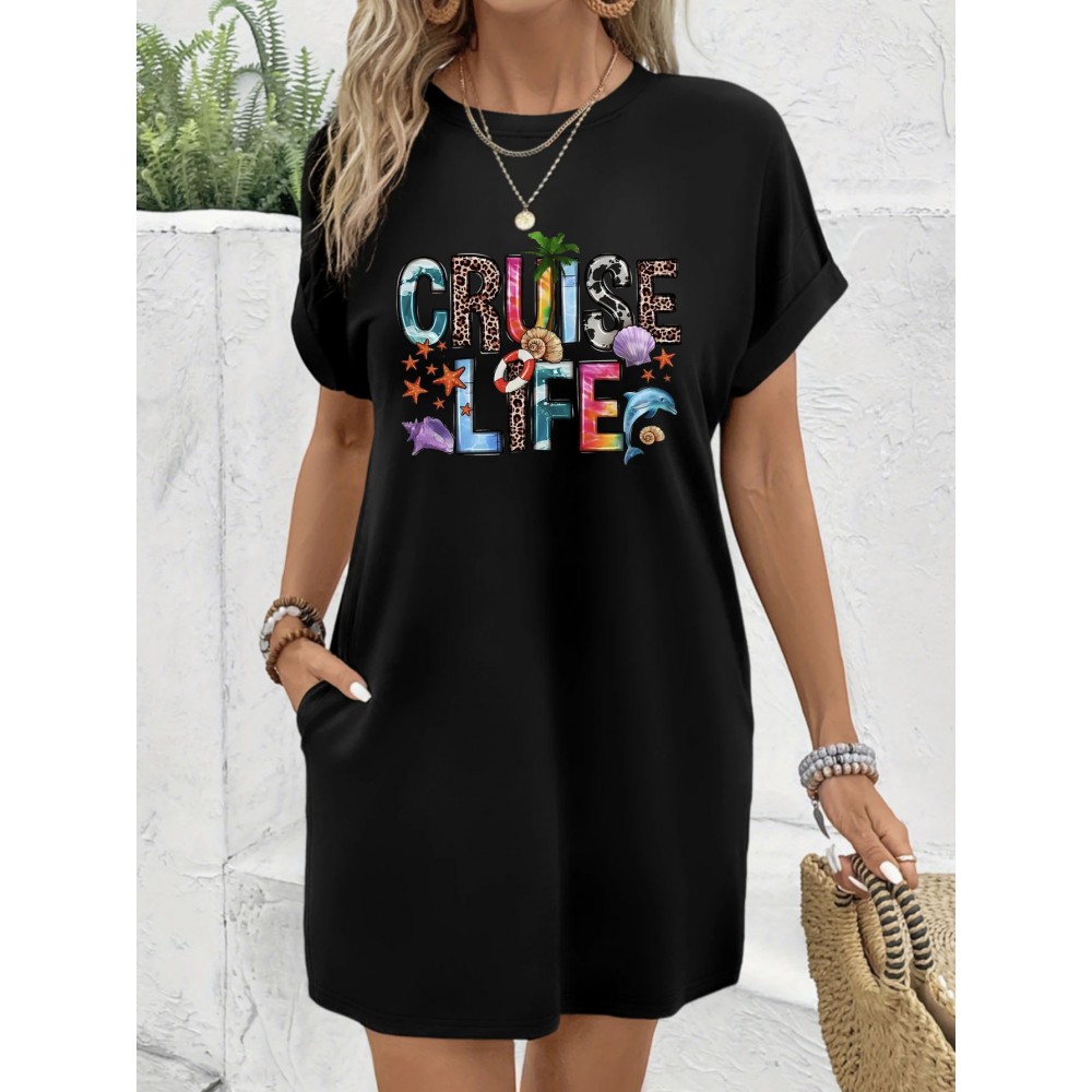 Women's Tropical Vacation Dress - Dark Grey T-Shirt Dress with Cruise Life Graphic, Short Sleeve Beach Outfit, Machine Washable Casual Summer Dress for Women, Beach Dress, Spring Fashion, Relaxed Fit, Comfortable Fabric, Travel Essentials, Holiday Outfit, Lightweight Material, Women's Fashion