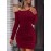 Women's Elegant Off-Shoulder Bodycon Dress - High Elasticity Stretch Fabric, Mid-Length Long Sleeve, Deep Red Solid Color, Machine Washable for Fall/Winter
