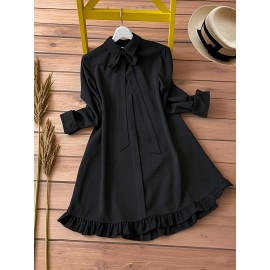 Women's Elegant Black -Line Dress with Collar & Ruffled Short Sleeves - Fitted Waist Short Length (bove Knee) Long Dress, Machine Washable -Season Formal/Casual Wear, Bow Tie Closure - Tailored for Weddings & Office ttire, Black Dresses For Women, Long Sleeve Dresses For Women, Dresses For Women Elegant Classy, Black Dresses For Women Elegant Classy, Fall Dresses For Women, High Neck Dress For Women, Blouse For Women, Party Dresses For Women, Dresses For Women Winter, Dresses