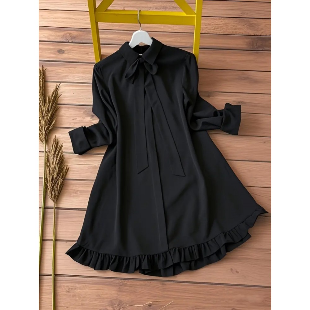 Women's Elegant Black -Line Dress with Collar & Ruffled Short Sleeves - Fitted Waist Short Length (bove Knee) Long Dress, Machine Washable -Season Formal/Casual Wear, Bow Tie Closure - Tailored for Weddings & Office ttire, Black Dresses For Women, Long Sleeve Dresses For Women, Dresses For Women Elegant Classy, Black Dresses For Women Elegant Classy, Fall Dresses For Women, High Neck Dress For Women, Blouse For Women, Party Dresses For Women, Dresses For Women Winter, Dresses