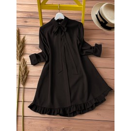 Women's Elegant Black -Line Dress with Collar & Ruffled Short Sleeves - Fitted Waist Short Length (bove Knee) Long Dress, Machine Washable -Season Formal/Casual Wear, Bow Tie Closure - Tailored for Weddings & Office ttire, Black Dresses For Women, Long Sleeve Dresses For Women, Dresses For Women Elegant Classy, Black Dresses For Women Elegant Classy, Fall Dresses For Women, High Neck Dress For Women, Blouse For Women, Party Dresses For Women, Dresses For Women Winter, Dresses