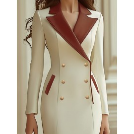 Cream-colored Double-breasted Mid-length Dress with Contrasting Collar and Color-blocking, Retro-Chic Style, Suitable for Spring/ Fall Office Workwear and Casual Outings