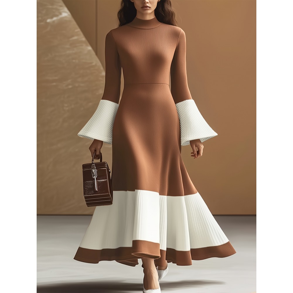 Women's Elegant Floor-Length A-Line Floor-Length Evening Gown with High Bell Sleeve & Puff Sleeve - Solid Brown & White Hem A-Line Silhouette, Floor-Length Formal Party Wedding Gala Dress - Machine Washable All-Season Tunic Dress for Women (Brown/White/Beige) - Structured Fit with Contrast Hem & Solid Color Design, Suitable for Adults, Chic & Sophisticated A-Line Silhouette, Wedding Dresses for Women Elegant Classy, Black Tie Event Dresses for Women,
