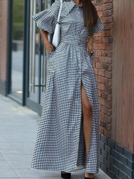 Women'S New Christmas Elements Green Red Plaid Long Casual Fashion Shirt Dress | Three Quarter Length Sleeve, V-neck, Vintage Style, All-season Wear