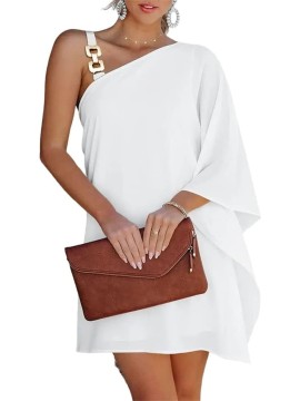 Women'S Elegant One Shoulder Black Midi Dress with Batwing Sleeves & Chain Accent - Boho to Semi-Formal Fitted Top & Flowy Skirt, Asymmetrical Hem, No - Fall/Winter Party Wedding Semi-Formal Attire (No Bra Padding, Natural Silhouette)