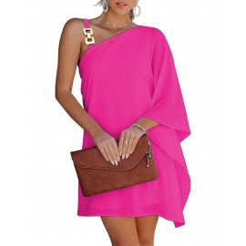 Women'S Elegant One Shoulder Black Midi Dress with Batwing Sleeves & Chain Accent - Boho to Semi-Formal Fitted Top & Flowy Skirt, Asymmetrical Hem, No - Fall/Winter Party Wedding Semi-Formal Attire (No Bra Padding, Natural Silhouette)