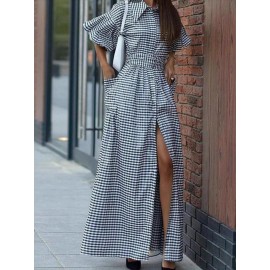Women's Christmas Green & Red Plaid A-Line Shirt Dress - 3/4 Sleeve Maxi Dress Suitable for Year-Round Wear, Holiday Parties & Everyday Outfits - Retro Style Button-Front Dress