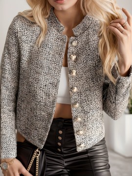 New Lightweight Polyester Elegant Women'S Chic Tweed Blazer - Long Sleeve, Button Front, Non-Sheer, Solid Color Jacket For Work & Casual, Elegant Tweed Blazer