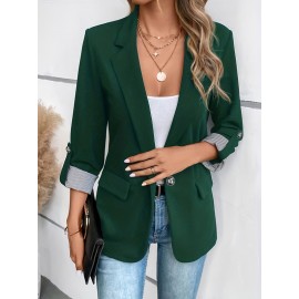 Women's Elegant Solid Black/White Lapel Blazer Jacket - Structured X-Line Single-Button Closure Work Suit Coat with Fake Pockets, Machine Washable Professional Office & Commuter Attire, Year-Round Tailored Outerwear