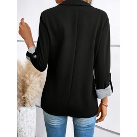 Women's Elegant Solid Black/White Lapel Blazer Jacket - Structured X-Line Single-Button Closure Work Suit Coat with Fake Pockets, Machine Washable Professional Office & Commuter Attire, Year-Round Tailored Outerwear