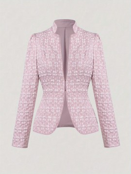 Women'S Elegant Pink Jacquard Coat - Chic Office to Party Outfit, All-Season Formal & Casual Outerwear, Button Front Closure, Structured Fit for Christmas, New Year, Everyday Special Events - Women'S Fashion Coat, Christmas Attire