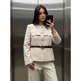 Women'S Belted Blazer | Round Neck Long Sleeve Jacket for Fall Office Wear, Chic, Single Breasted, Regular Fit