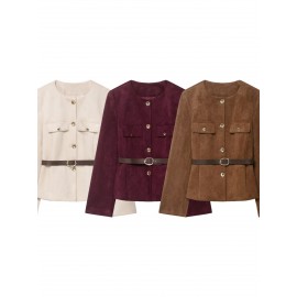 Women'S Belted Blazer | Round Neck Long Sleeve Jacket for Fall Office Wear, Chic, Single Breasted, Regular Fit