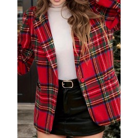 Women'S Elegant Red & Plaid Long Sleeve Jacket - Loose Fit Tailored Coat with Piping Trim, Structured Collar & Cuff Details, Belted Waist for Fall Winter Spring, Casual to Formal Outfits (No Button Closure, Open Front) - Versatile Outerwear for Ever