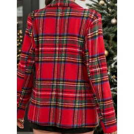 Women'S Elegant Red & Plaid Long Sleeve Jacket - Loose Fit Tailored Coat with Piping Trim, Structured Collar & Cuff Details, Belted Waist for Fall Winter Spring, Casual to Formal Outfits (No Button Closure, Open Front) - Versatile Outerwear for Ever