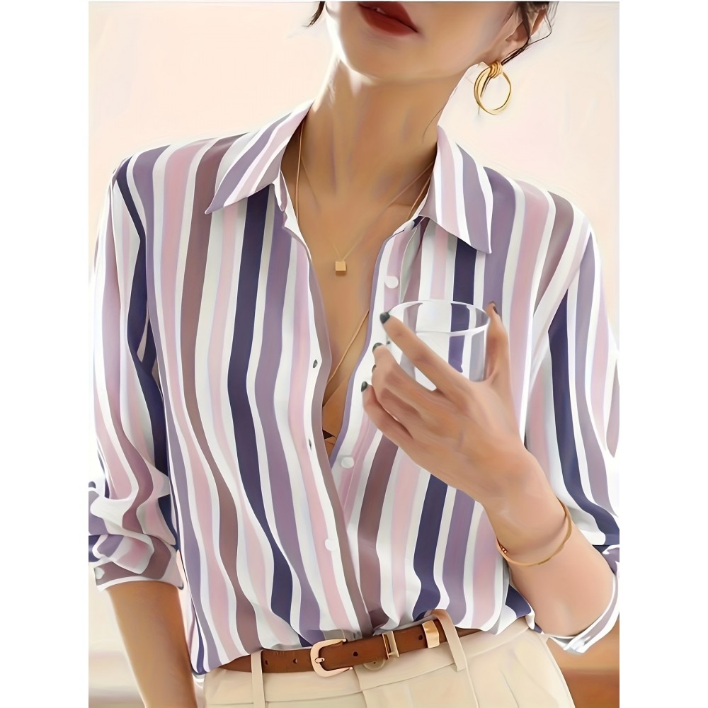 Women'S Casual Striped Long Sleeve Shirt - And Vertical Stripes, Lightweight, Classic Collar Design, Versatile for Spring/Summer/Fall