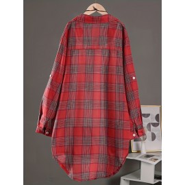 [Casual Plaid Shirt] Women's Casual Plaid Shirt - Thick Non-Stretch Fabric, Loose Fit Mid-Length Collar Single-Breasted Checkered Pattern, Machine Washable All-Season Top for Casual &, Formal Outfits, Versatile Clothing, Classic Design, Durable Material, Stylish Blouse