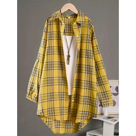 [Casual Plaid Shirt] Women's Casual Plaid Shirt - Thick Non-Stretch Fabric, Loose Fit Mid-Length Collar Single-Breasted Checkered Pattern, Machine Washable All-Season Top for Casual &, Formal Outfits, Versatile Clothing, Classic Design, Durable Material, Stylish Blouse