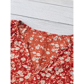 Women'S Red & White Floral Print V-Neck Short Sleeve Blouse - Lightweight Summer Shirt with Relaxed Fit, Machine Washable Nontransparent Fabric, Elegant Casual Top for Beach Outfits, Casual Attire & Semi-Formal Events, Breathable V-Neck Design with