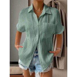 Women Short Sleeve Textured Shirts Solid Color Turn Collar Button Blouses Summer Loose Tops