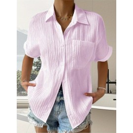 Women Short Sleeve Textured Shirts Solid Color Turn Collar Button Blouses Summer Loose Tops