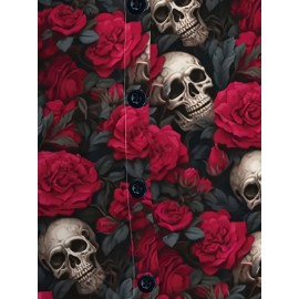 Women'S Gothic Floral & Skull Print Blouse - Red Roses & Skulls on Red Background, All-Season Casual Shirt with Collar & Button Front, Non-stretch Fabric For Halloween, Parties, Everyday Outfits - Women'S Clothing, Halloween Clothes, Party Attire