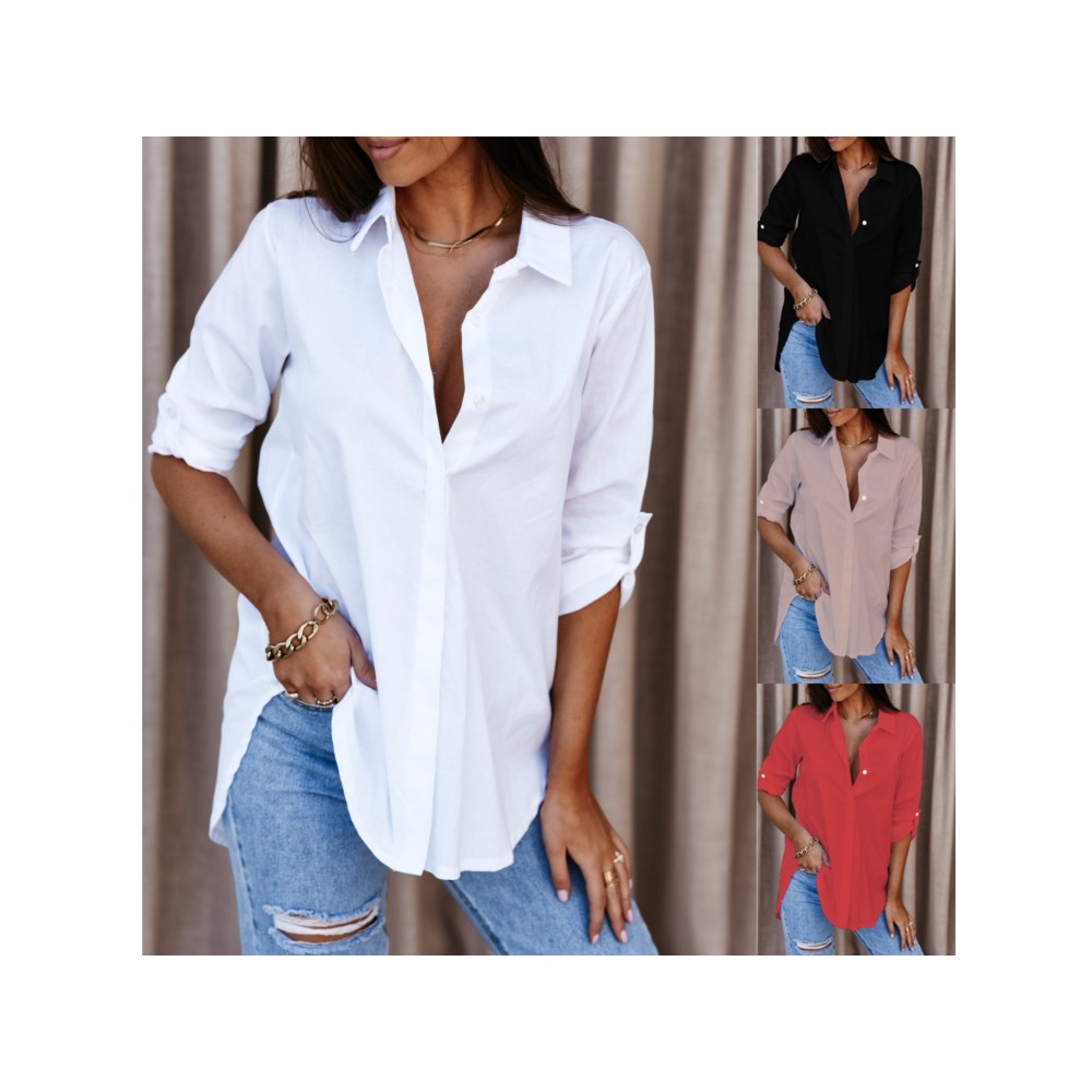 Women's Long Sleeve V-Neck Button Front Blouse - Solid Color Elegant Minimalist Shirt, Button- Collar Top for Office, Casual & Smart-Casual Wear, Spring/Autumn Daily Outfits (Hand Wash/Dry Clean) - Versatile Neutral Attire