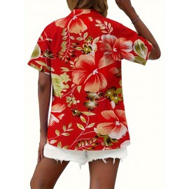 Women'S Tropical Floral Print Short Sleeve Button-Front Shirt - Vibrant Red with Orange, Green & White Hibiscus Flowers, Classic Collar, Machine Washable All-Season Casual & Hawaiian Style Blouse for Beach Outfits, Hawaiian Parties