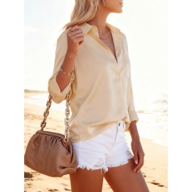 Women's Elegant Satin Business Shirt - Long Sleeve Solid Color Professional Office Blouse, Shiny Smooth Texture Dress Shirt for, Meetings & Year-Round Wear (Hand Wash/Dry Clean)