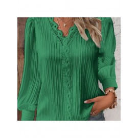 Fall Long Sleeve V-Neck Ruffled Panel Blouse for Women | Feminine Casual, Elegant Style, Solid Color, Suitable for Spring/Fall