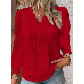 Fall Long Sleeve V-Neck Ruffled Panel Blouse for Women | Feminine Casual, Elegant Style, Solid Color, Suitable for Spring/Fall
