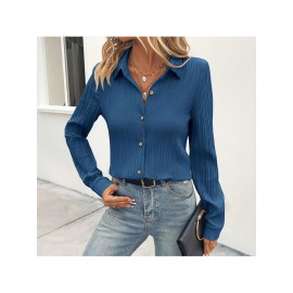 Women's Slim-Fit Lapel Collar Long Sleeve Shirt Jacket - Solid Blue (Navy/Turquoise/Lavender/Dark Brown) Button-Front Blazer, Wrinkle-Resistant & Machine Washable, Elegant Casual to Professional Wear for Spring/Autumn, Versatile to