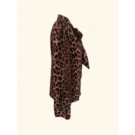 Women's Elegant Bow Tie/ascot Collar Blouse with Button Front - Loose Fit Leopard Print Shirt Jacket, Machine Washable Year-Round Versatile Tops for Casual, Office & Smart-Casual Wear