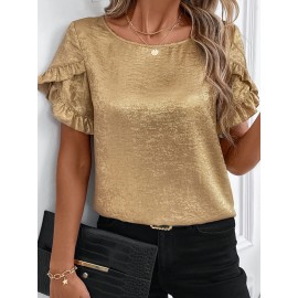 [Elegant Blouse] Elegant Golden Foil Women's Blouse | Round Neck Short Sleeve Summer Shirt, Machine Washable Solid Color Top for Casual & Formal Occasions, Ruched Shoulder Design, Lightweight Fabric