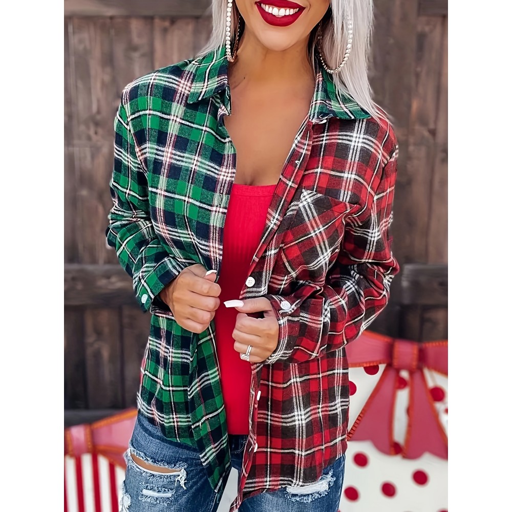 Contrast Color Plaid Shirt - Stylish Pocket Detail for Casual Wear