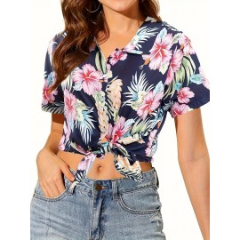 Women's Hawaiian Shirt - Short Sleeve A-Line Tropical Hibiscus & Palm Print Button-Front Blouse, Pink/Orange/Green/Navy Blue - Soft Breathable Aloha Top for Beach Vacation, Hawaiian Luau Party & Summer Outfits (Machine Washable)