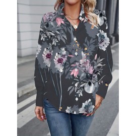 Women'S Plus-Size Elegant Asian-Inspired Floral Print Long-Sleeve Lapel Collar Blouse - Soft Breathable Fabric, Waist-Cinching & Button-Up Top with Umbrella Hem, All-Season Casual & Formal Shirt in Deep Gray Tones (Pink/White/Black) - Perfect Christ