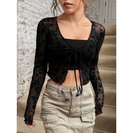 Women's Semi-Sheer Blouse with Botanical Leaf Print & Adjustable Tie-Front - Lightweight All-Season Lace-Like Sheer Panel Shirt, Hand Washable Elegant Casual to Dressy Tops (Plant Pattern)