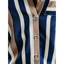 Women's Elegant Blue/Beige/Navy Striped Long Sleeve Shirt Jacket - Structured Collar Blazer, Wrinkle-Resistant Machine-Washable Polyester-like Top for, Semi-Formal & Casual Wear, Vertical Striped Tailoring (No Dry Clean)