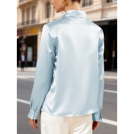 [Solid Color Versatile] Elegant Women's Long Sleeve Blouse - Soft Wrinkle-Resistant, Button-Front, Round Neck & Collar, All-Season Office Shirt