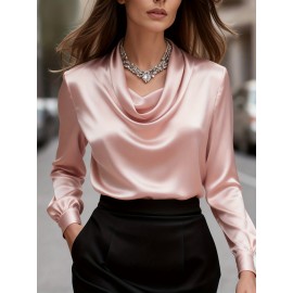 [Solid Color Versatile] Elegant Women's Long Sleeve Blouse - Soft Wrinkle-Resistant, Button-Front, Round Neck & Collar, All-Season Office Shirt