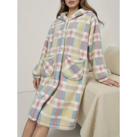 Women'S Heavyweight Fleece Hooded Coat with Plaid Pattern (Pink/) - Thick Winter Warmth, Full-Zip Front Closure, Long Length for Outdoor & Indoor Use, Cozy Insulated Jacket with Pockets, Elegant Cold Weather Outerwear, Winter Coats for Women