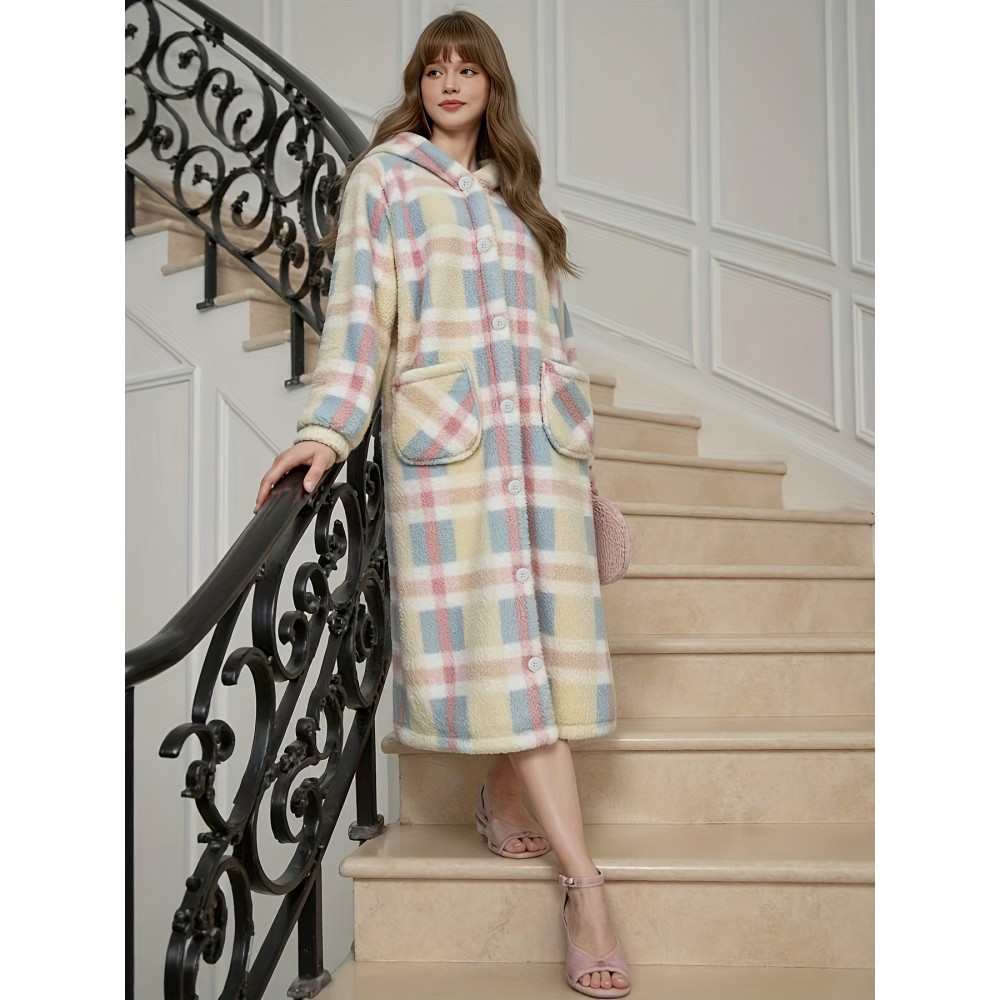 Women'S Heavyweight Fleece Hooded Coat with Plaid Pattern (Pink/) - Thick Winter Warmth, Full-Zip Front Closure, Long Length for Outdoor & Indoor Use, Cozy Insulated Jacket with Pockets, Elegant Cold Weather Outerwear, Winter Coats for Women